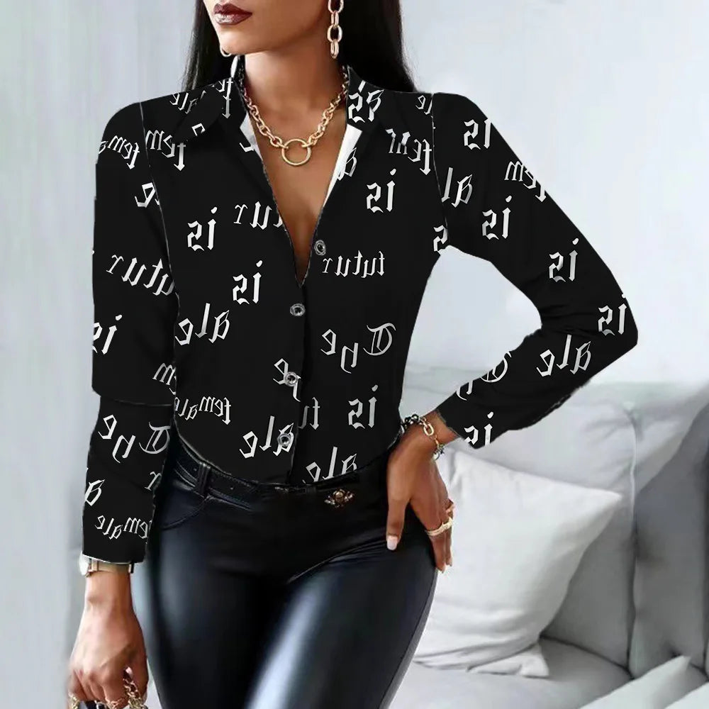 Elegant Office Ladies Turn Down Colar Blouseshirt Women Vintage Popular Printing Slim Shirts Autumn Fashion Long Sleeve Tops