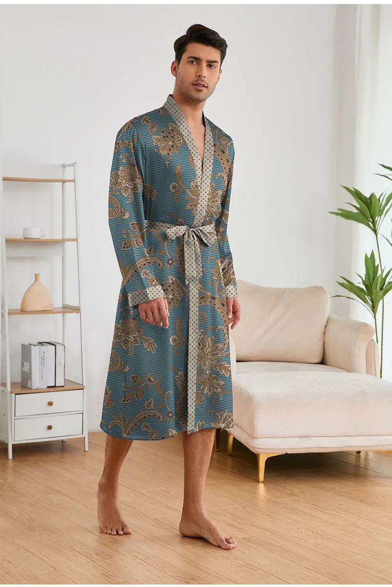 Spring Summer New Men Pajama 2PCS Robe Shorts Set Silky Satin Kimono Bathrobe Pants Lingerie Home Clothing Loungewear