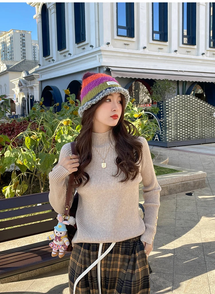 Autumn Winter Sweater Women Pullovers Long Sleeve Tops Clothes Slim Knit Soft Jumper Streetwear Button Turtleneck Sweater