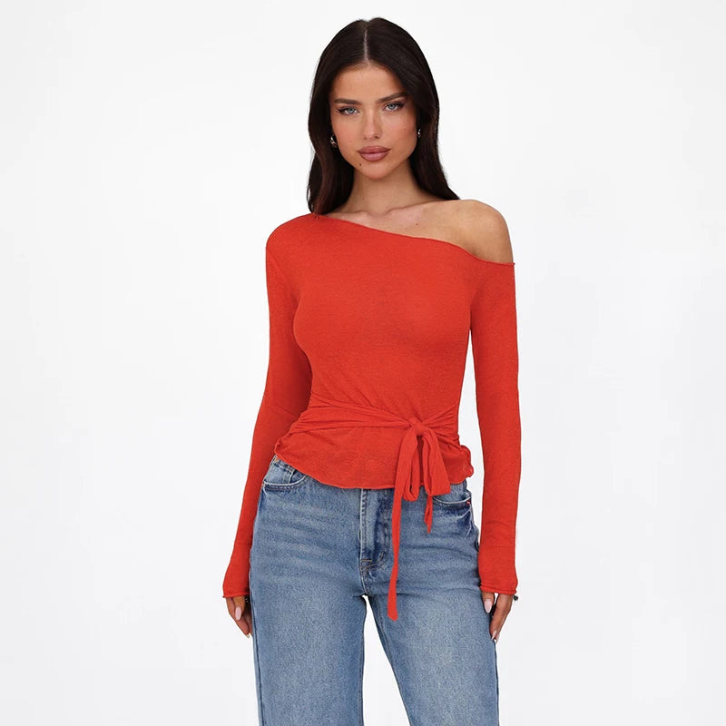 CUTENOVA Autumn Solid Color Slant Neck Off Shoulder Long Sleeve T Shirt Bandage Waist Tie Elegant Cropped Top For Women Wear
