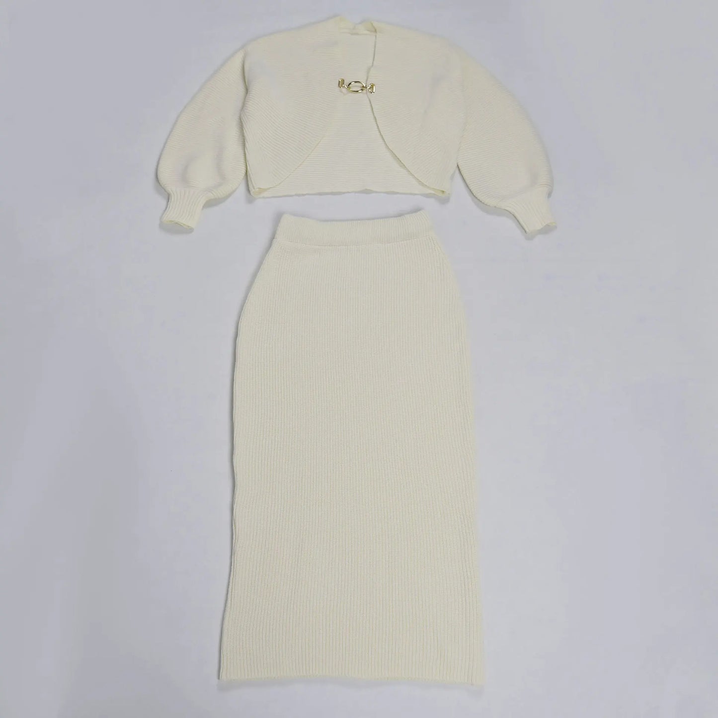 FAGADOER High Quality Elegant Knit Women 2 Piece Set Outfit Hollow Out Lantern Sleeve Crop Cardigan + Long Skirt Suit Streetwear