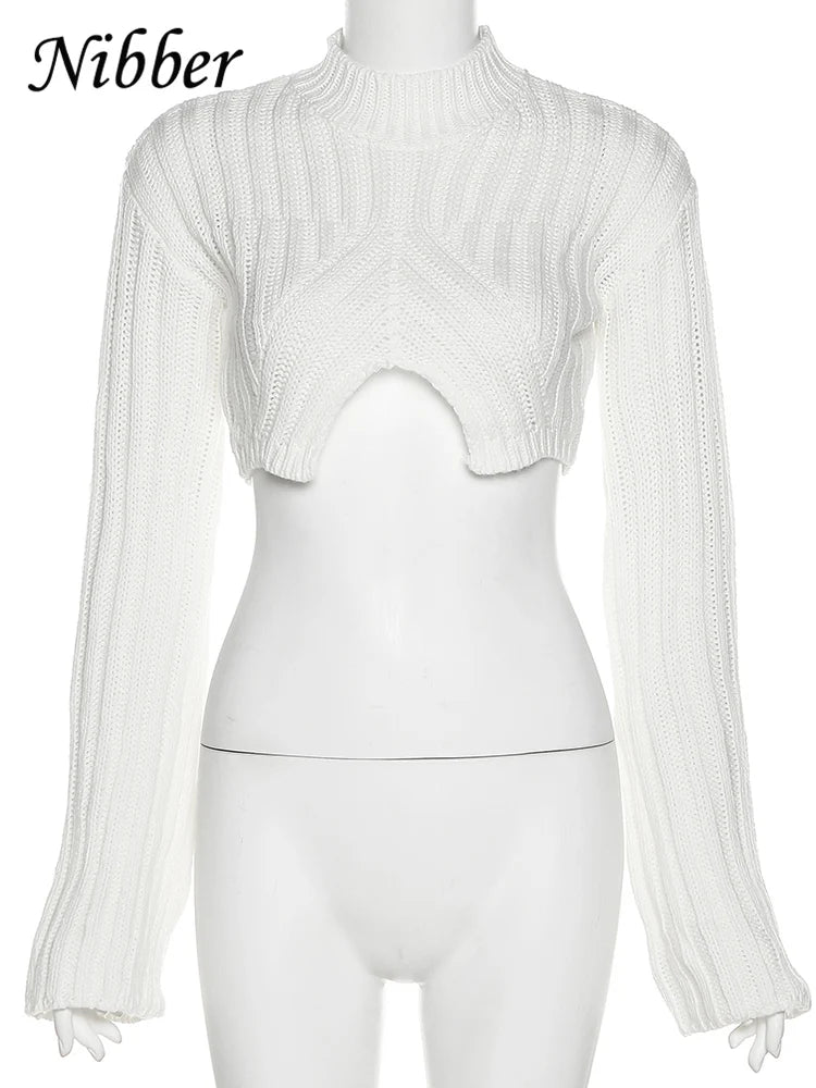 Nibber Autumn Solid Color Pullovers Clother For Women O-neck Midriff-baring Long-sleveed All-match Sweater Streetwear Travel