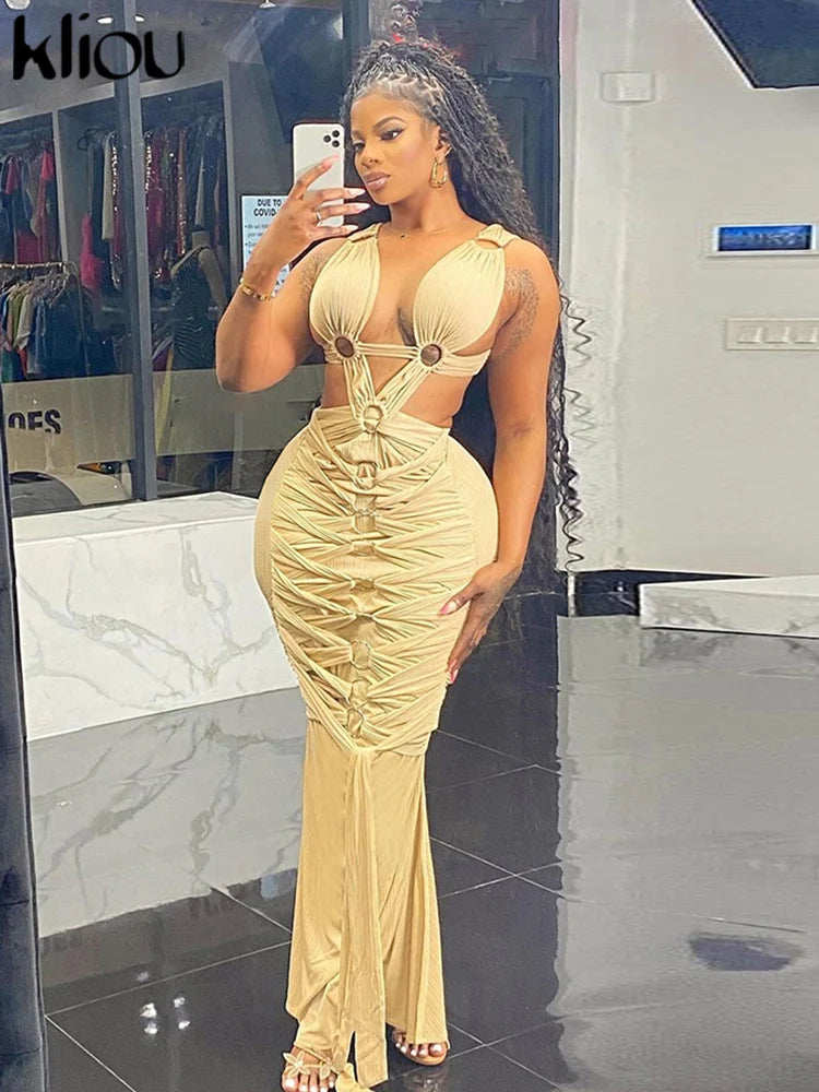 kliou Woven Shirring Women Long Dresses Solid Sexy Elegant Deep V-neck Hollow Stunning Bodycon Mujer High Street Party Vestidos