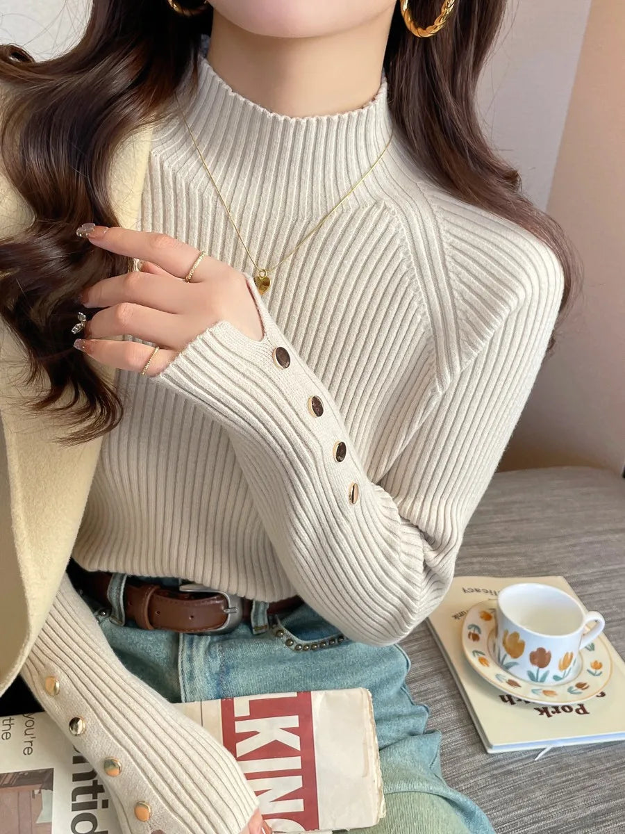 Autumn Winter Sweater Women Pullovers Long Sleeve Tops Clothes Slim Knit Soft Jumper Streetwear Button Turtleneck Sweater