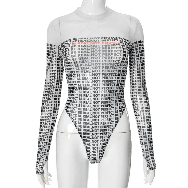 New Sexy See Thorugh Bodysuit Womens Long Sleeve Graphic One Pieces T-Shirt Corset Tops Autumn High Waist Mesh Jumpsuits