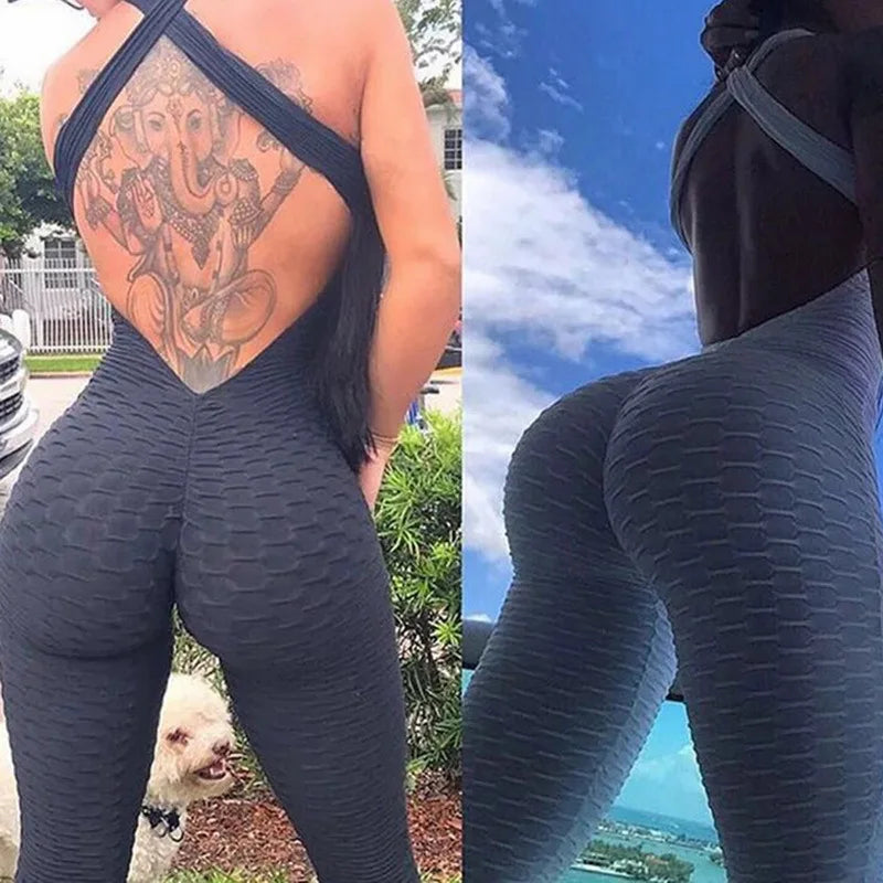 Bubble Jumpsuit Female Fitness Yoga Bodysuit Sleeveless Sexy Backless Jumpsuit Pants Stretchy Butt Liftting Fashion Bodysuit FashionMojos.com
