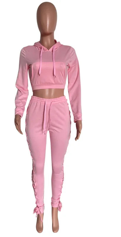 Tracksuit Women 2 Piece Set Loose Cross Strap Hoodies Pants Set Autumn Thin Sportswear Pullover Streetwear Joggers Matching Sets