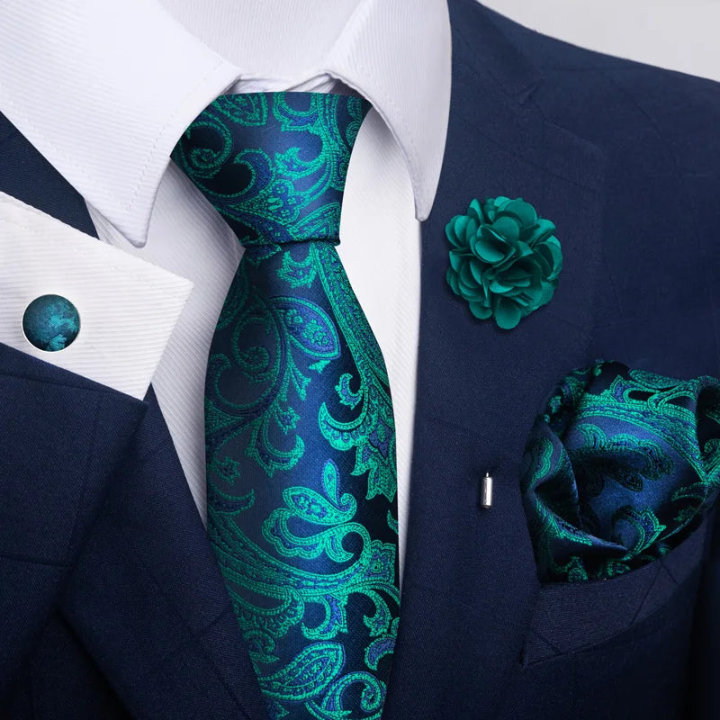 Luxury Mens Ties Floral Black Gold Ties Paisley NeckTie Pocket Square Cufflinks Brooch Set Men's Wedding Party Tie