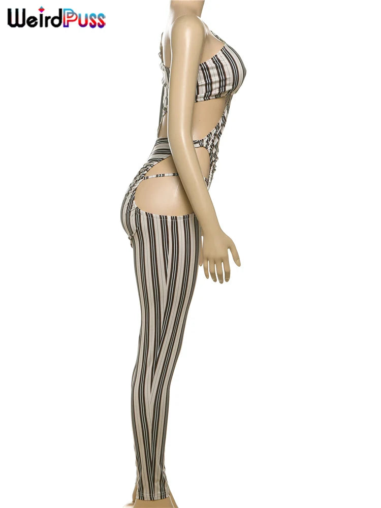 Weird Puss Sexy Hollow Jumpsuit Women Ruched Irregular Hipster Club Stripe Print Full Sleeve Midnight Activity Workout Overalls