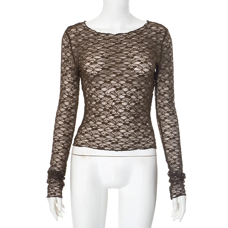 CUTENOVA Lace Women'S Tops Hollow Out Basic Casual Elegant Long Sleeve Tops See-Through Party For Sexy Lady Fashion Street Tops