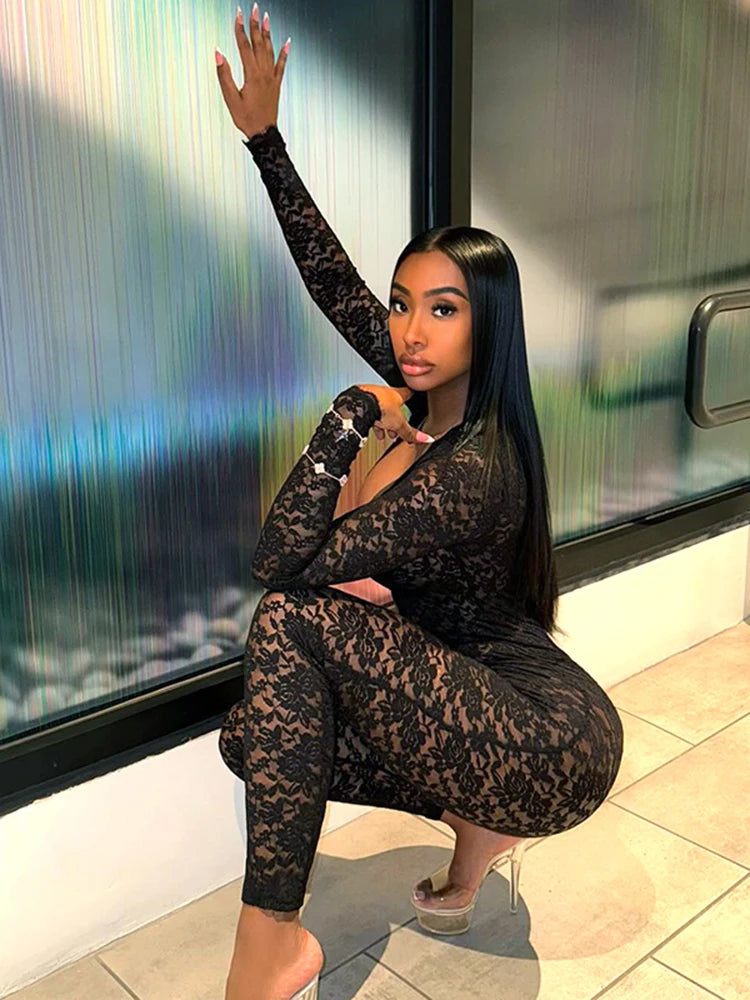 kliou Embroidered See Through Women Jumpsuits Sexy Hot Lace Deep V-neck Trim Skinny Overalls Female Stunning Nighout Clubwear