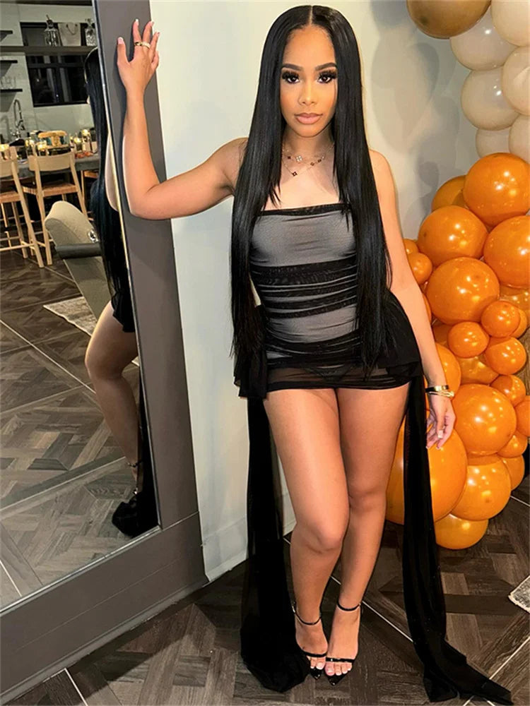 Nibber See Through Summer Trend Woman Dress Mesh Solid Sleeveless Bandeau Streamer Short Slim Sexy Coquette Midnight Bodycon