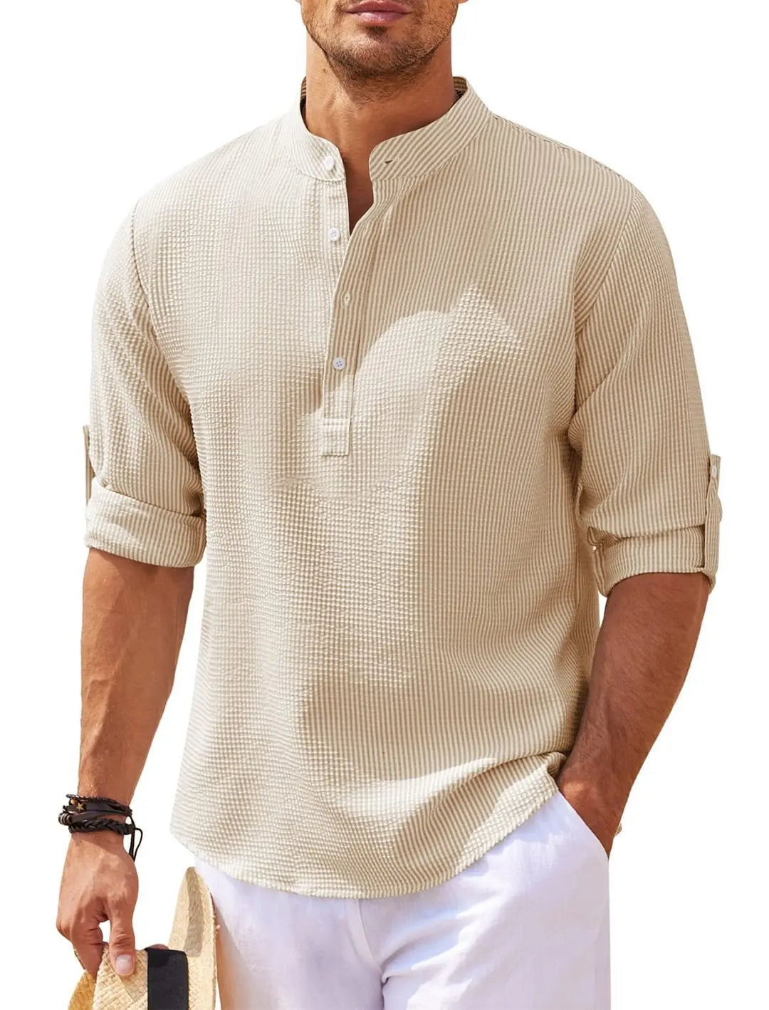 Cotton Linen Hot Sale Men's Long-Sleeved Shirts Spring Autumn Solid Color Stand-Up Collar Casual Beach Style Plus Size S-5XL FashionMojos.com