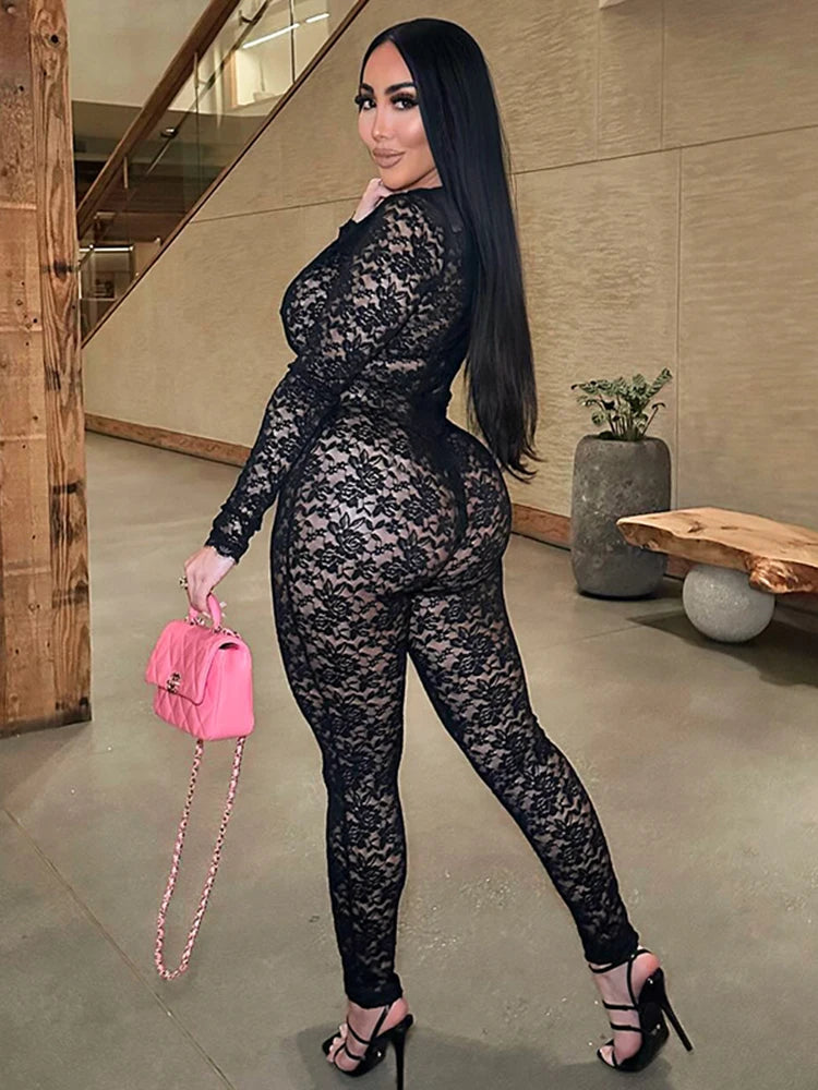 kliou Embroidered See Through Women Jumpsuits Sexy Hot Lace Deep V-neck Trim Skinny Overalls Female Stunning Nighout Clubwear