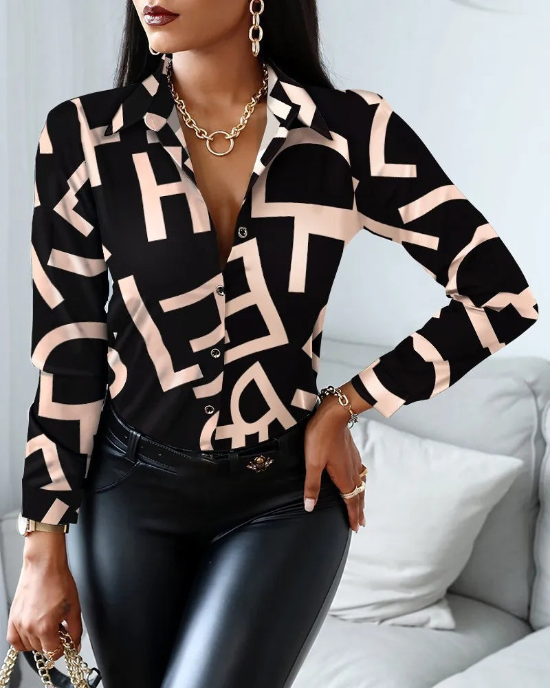 Elegant Office Ladies Turn Down Colar Blouseshirt Women Vintage Popular Printing Slim Shirts Autumn Fashion Long Sleeve Tops
