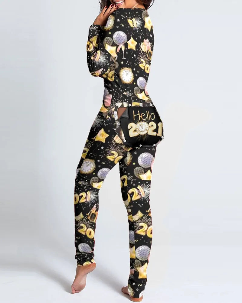 Women's Pajamas Christmas Printed Sexy Jumpsuit Fashion Casual Button Front Bottom Rear Hip Opening Flip Jumpsuits