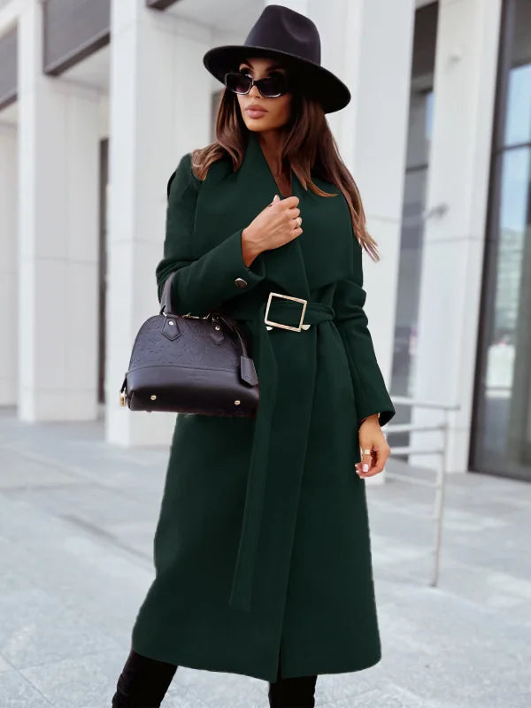 Autumn Winter Long Blends Coats Women Long Sleeve Turn-down Collar Coat and Jacket Belt Solid Fashion Jackets Woman Clothes FashionMojos.com