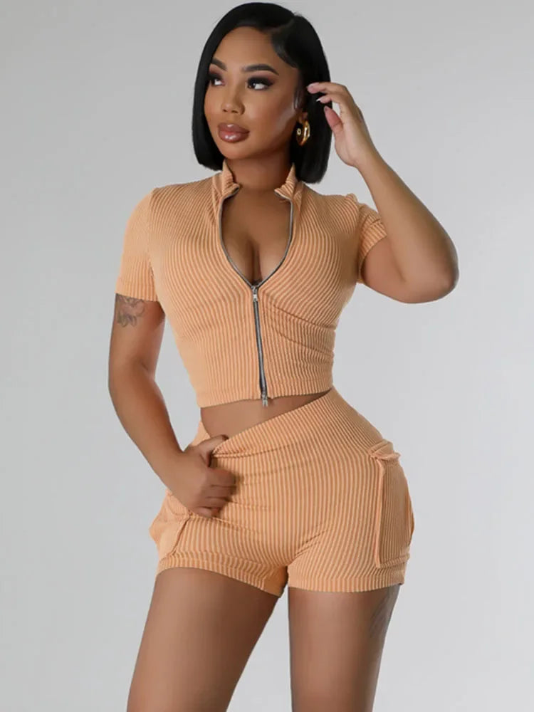 Sporty Fitness Tracksuit Women Two Piece Set Summer Knitted Ribbed Zipper Crop Top and Shorts Casual Workout Gym Yoga Sets