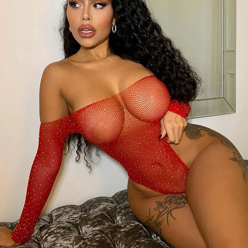 Women Sexy Lingerie Shiny Rhinestones Slash Neck Sexy Bodysuit Transparent Mesh Long Sleeve Backless Slim Transparent Body Suits