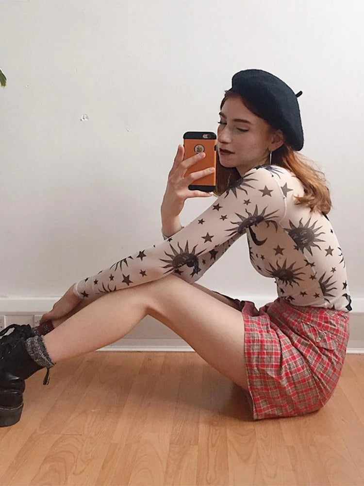 Sun Moon Printed Transparent Mesh Sexy T-Shirt Women O-Neck Long Sleeve Slim Basic Casual Female Tops Spring New