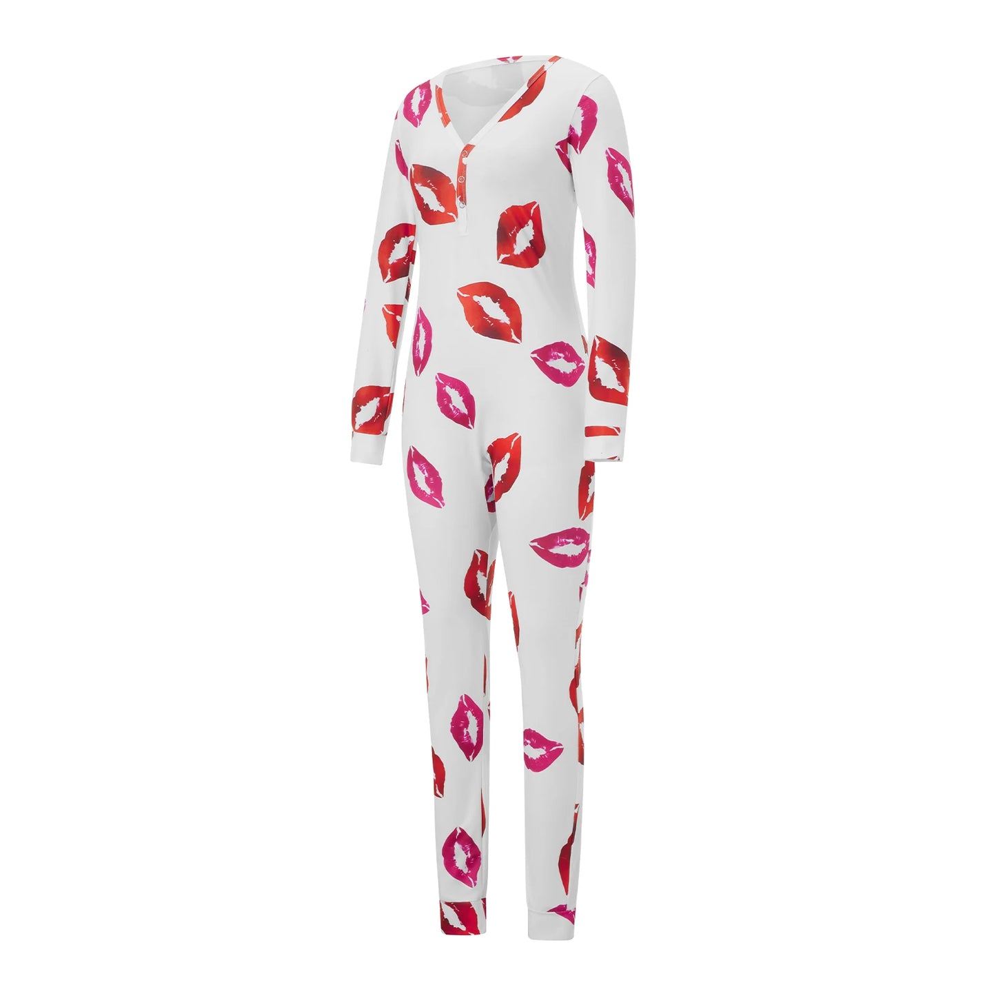 Women Buttoned Flap Jumpsuits Sleepwear Cow Printed Long Sleeve V Neck Bodycon Romper Spring Fall Loungewear