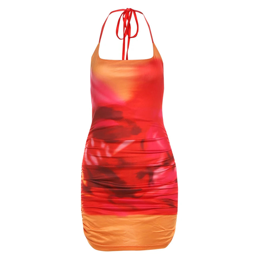 Nibber Spaghetti Strap Sexy Dress Women Y2K Backless Peach Hip Lace Up Bodycon Gradient Print Summer Beach Vacation Clubwear