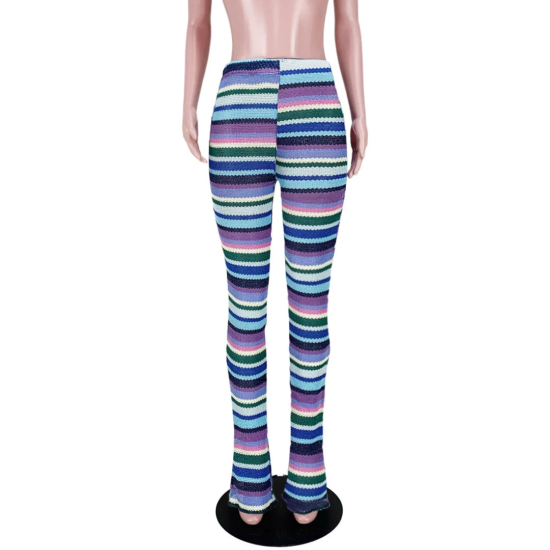 Leosoxs Colorful Striped Women Flare Pants Knitted Elastic Waist Skinny New Summer Trendy Y2K Streetwear Daily Wild Bottoms