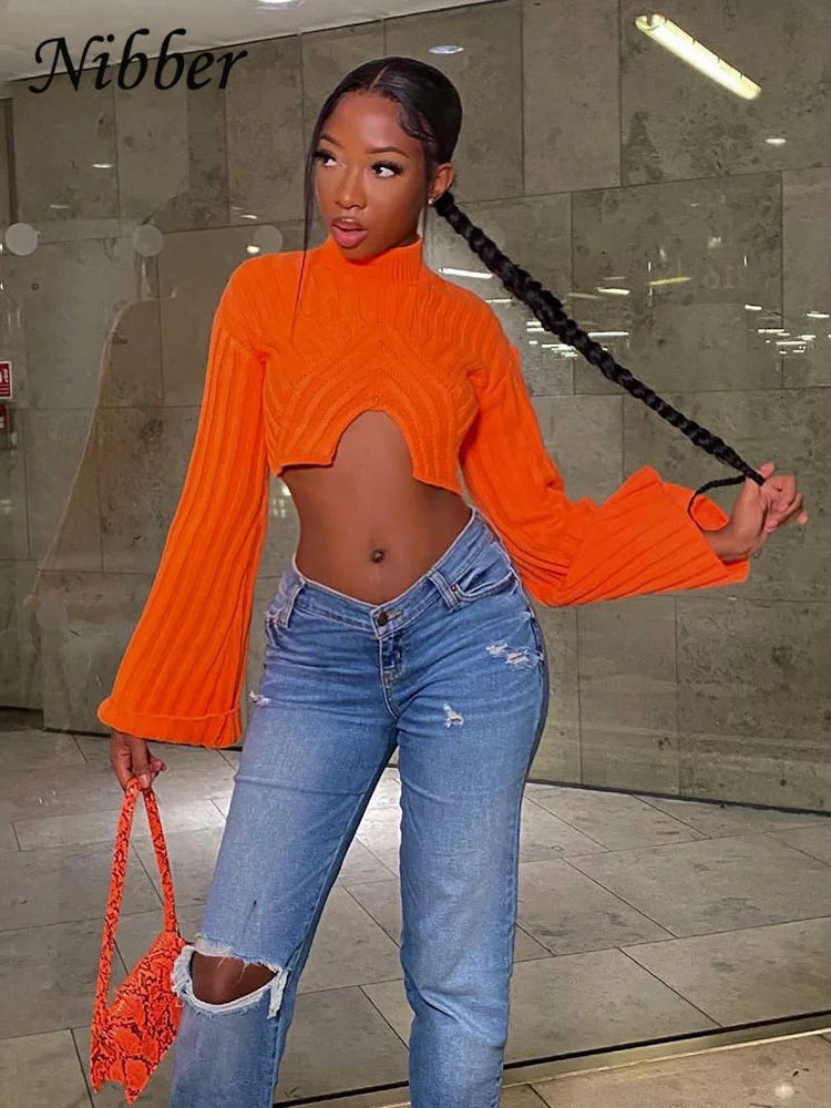 Nibber Autumn Solid Color Pullovers Clother For Women O-neck Midriff-baring Long-sleveed All-match Sweater Streetwear Travel