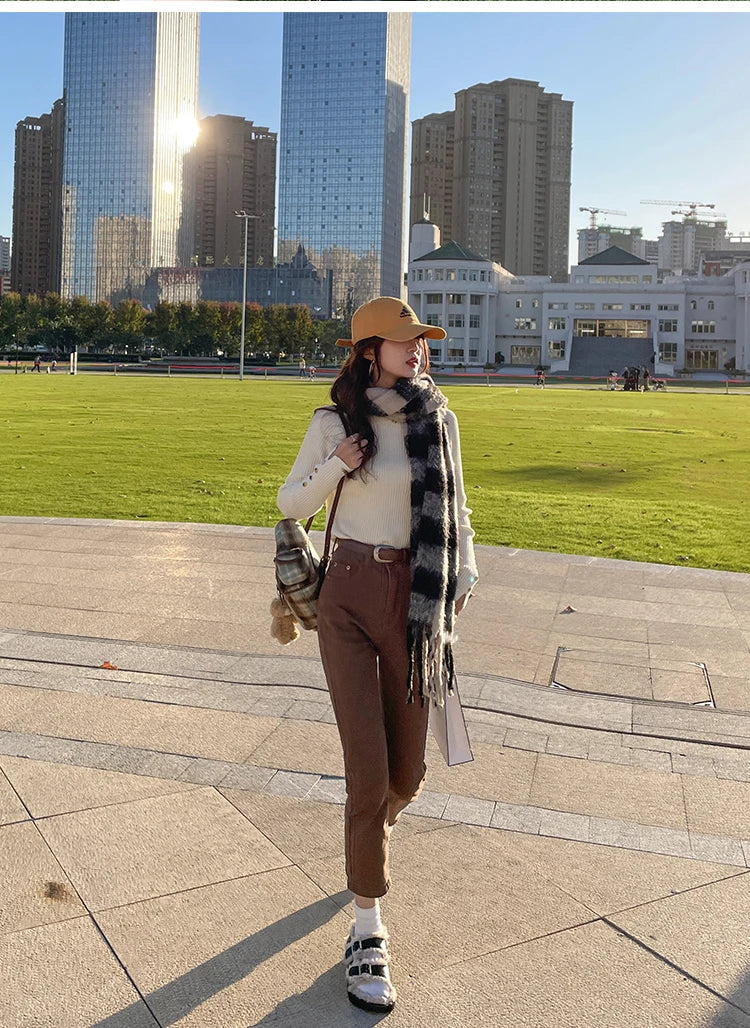 Autumn Winter Sweater Women Pullovers Long Sleeve Tops Clothes Slim Knit Soft Jumper Streetwear Button Turtleneck Sweater
