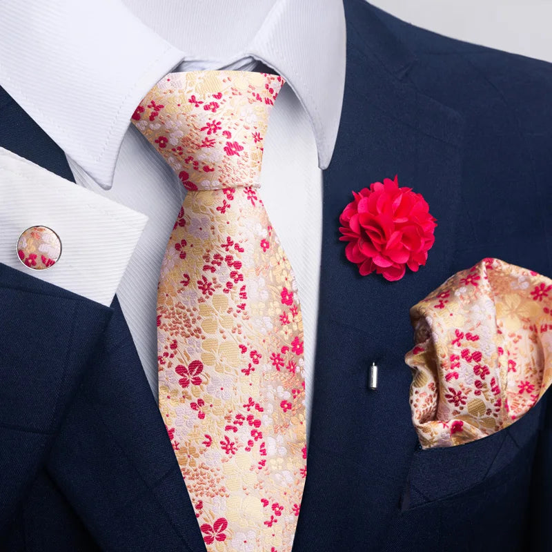 Luxury Mens Ties Floral Black Gold Ties Paisley NeckTie Pocket Square Cufflinks Brooch Set Men's Wedding Party Tie
