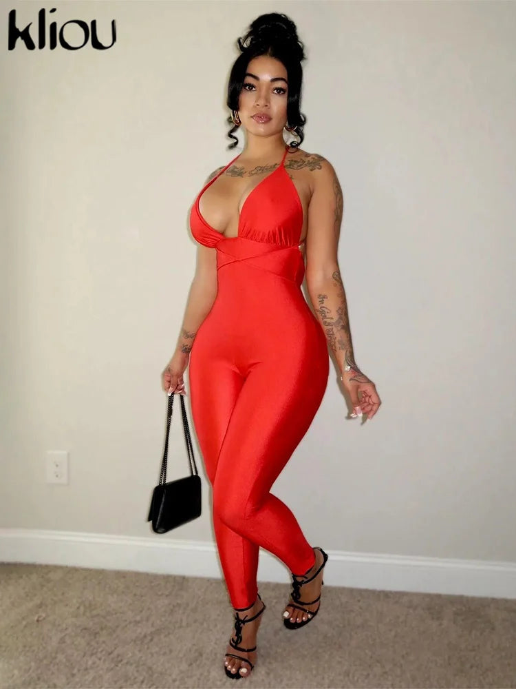 kliou Halter Bandage Jumpsuits Women 2024 Solid Simple Backless Sleeveless Deep V-neck Skinny Overalls Female Classic Streetwear