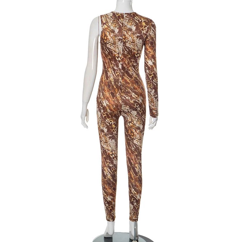 CUTENOVA 2025 Spring Brown Single Shoulder Long Sleeve One Piece Jumpsuit Snake Print Back Zipper Jumpsuits For Women Sexy Wear