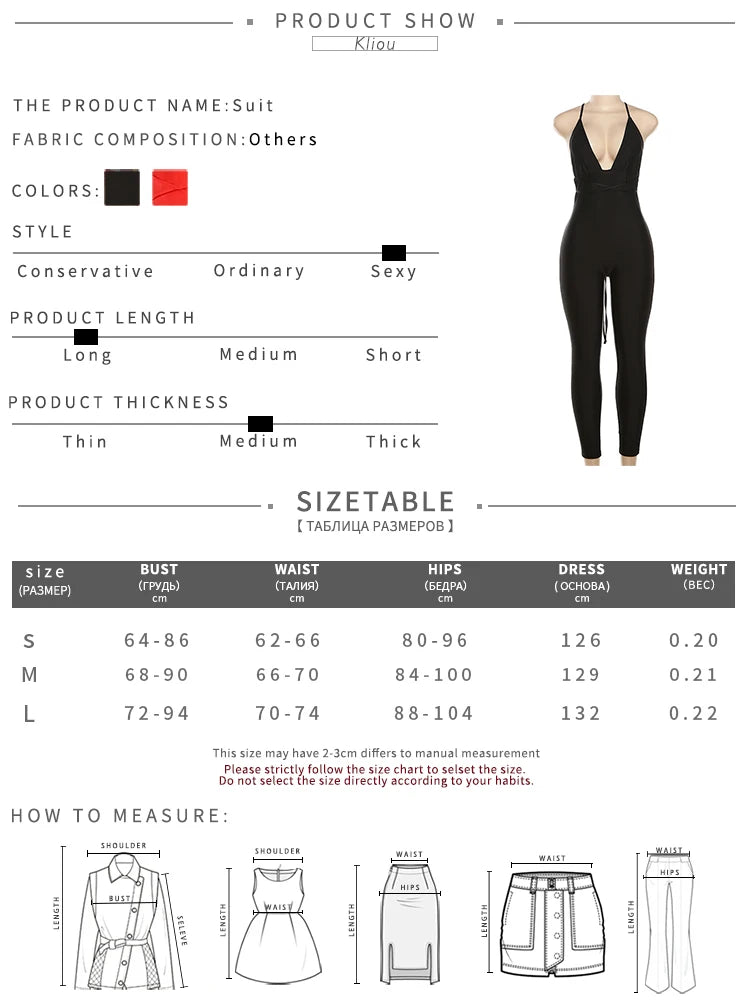 kliou Halter Bandage Jumpsuits Women 2024 Solid Simple Backless Sleeveless Deep V-neck Skinny Overalls Female Classic Streetwear