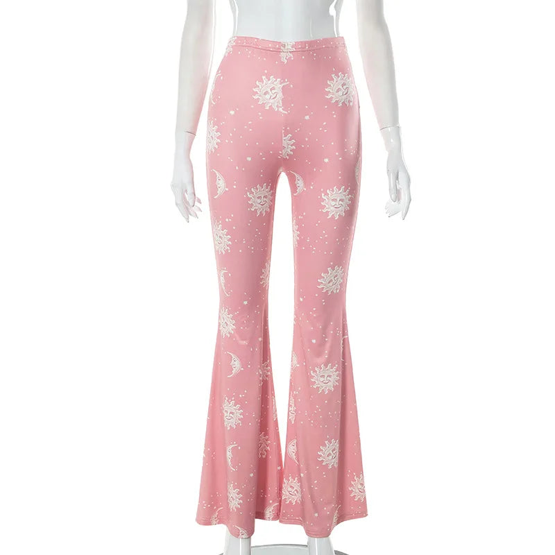 Summer Fashion Pink Pants Women Casual Slim Printed Long Flared Pants Streetwear Women Low-Rise Patchwork Abstract Y2k Pants