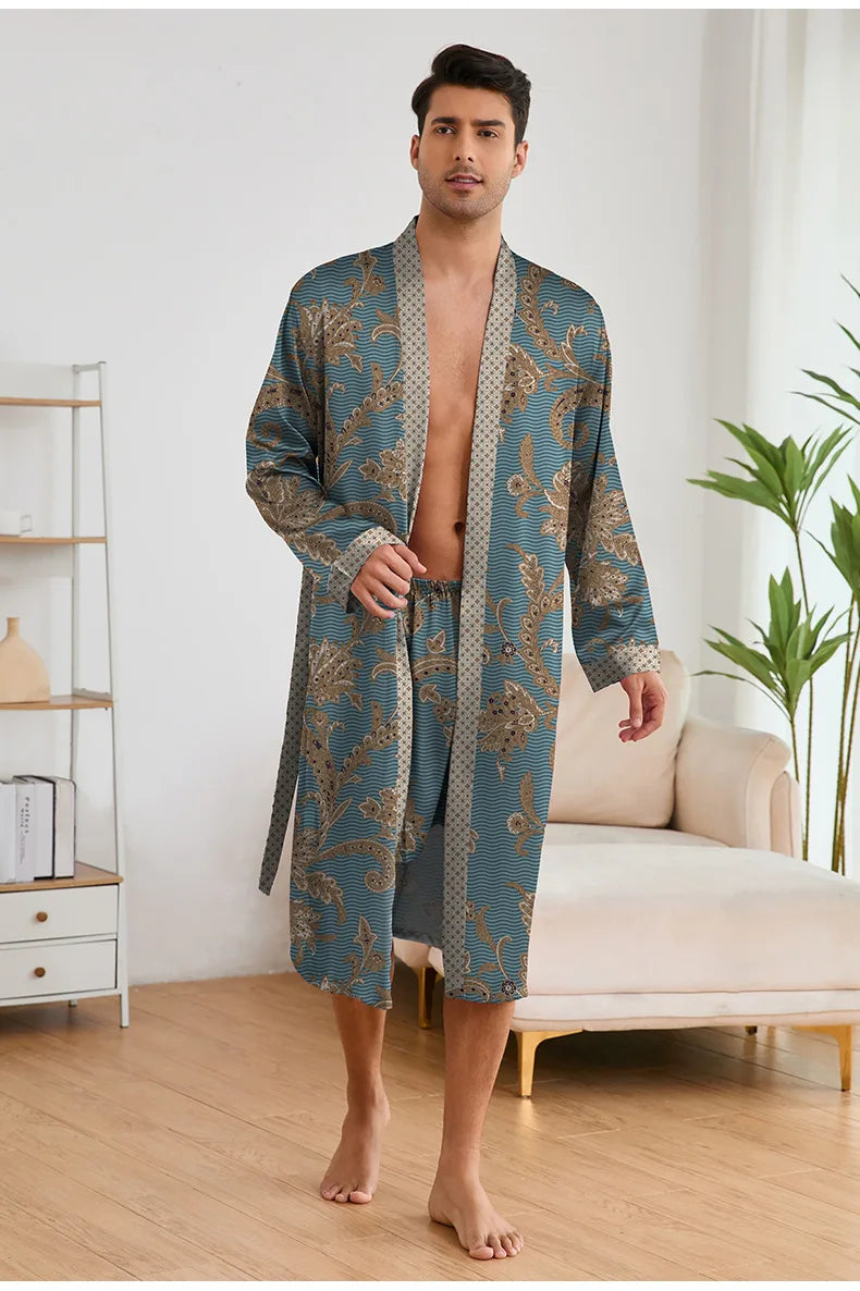 Spring Summer New Men Pajama 2PCS Robe Shorts Set Silky Satin Kimono Bathrobe Pants Lingerie Home Clothing Loungewear