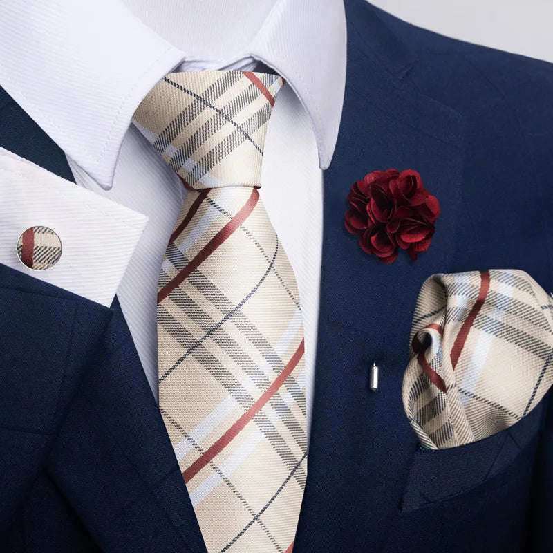 Luxury Mens Ties Floral Black Gold Ties Paisley NeckTie Pocket Square Cufflinks Brooch Set Men's Wedding Party Tie
