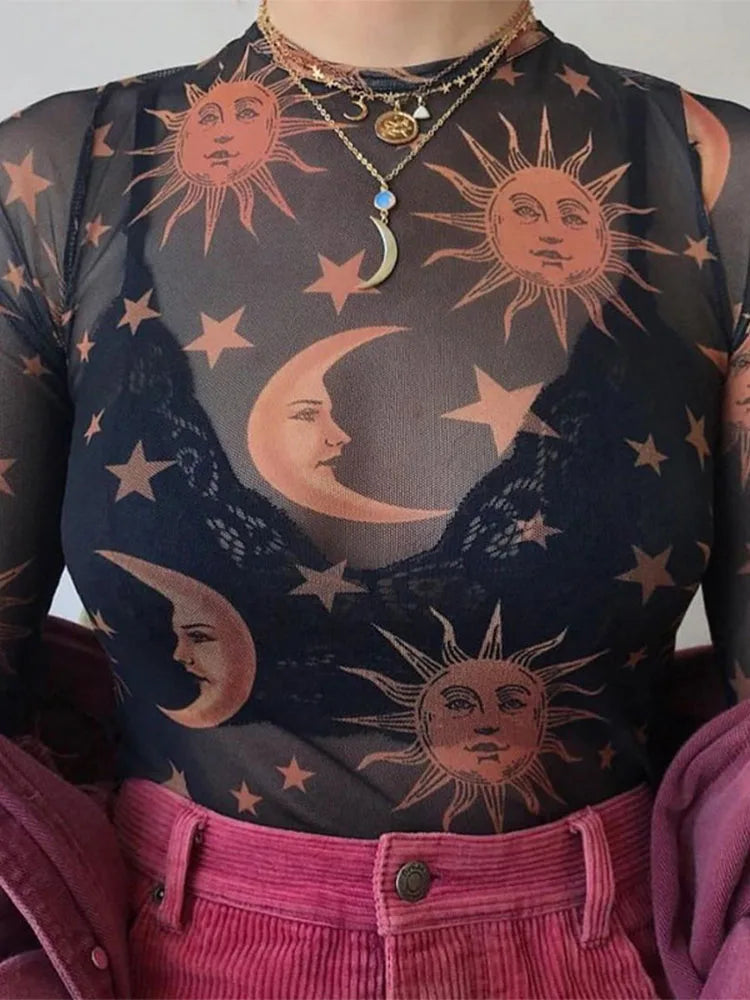Sun Moon Printed Transparent Mesh Sexy T-Shirt Women O-Neck Long Sleeve Slim Basic Casual Female Tops Spring New