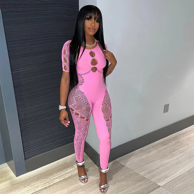 Vaqua Sexy Jumpsuit for Women Party Club Night Mesh Halter Cutout Stretchy Short Sleeve Lace Cutout One Piece Bodycon FashionMojos.com