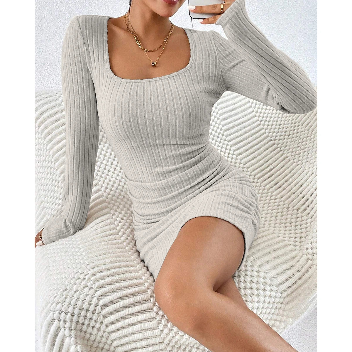 Mia Muse Women's Dresses Autumn Casual Fitting Slim Plain Knitted Long Sleeve Square Neck Mini Bodycon High Street Dresses