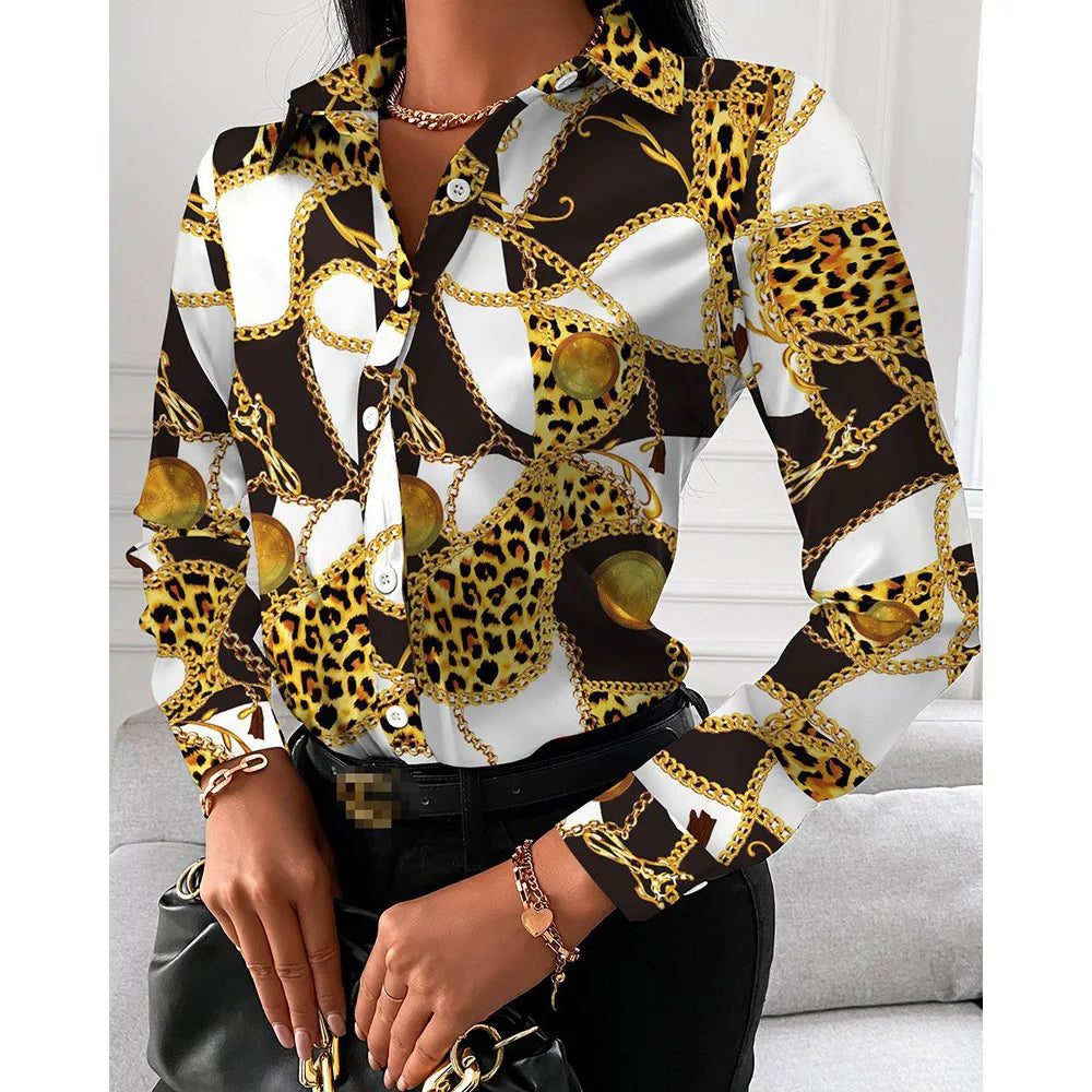 Elegant Office Ladies Turn Down Colar Blouseshirt Women Vintage Popular Printing Slim Shirts Autumn Fashion Long Sleeve Tops