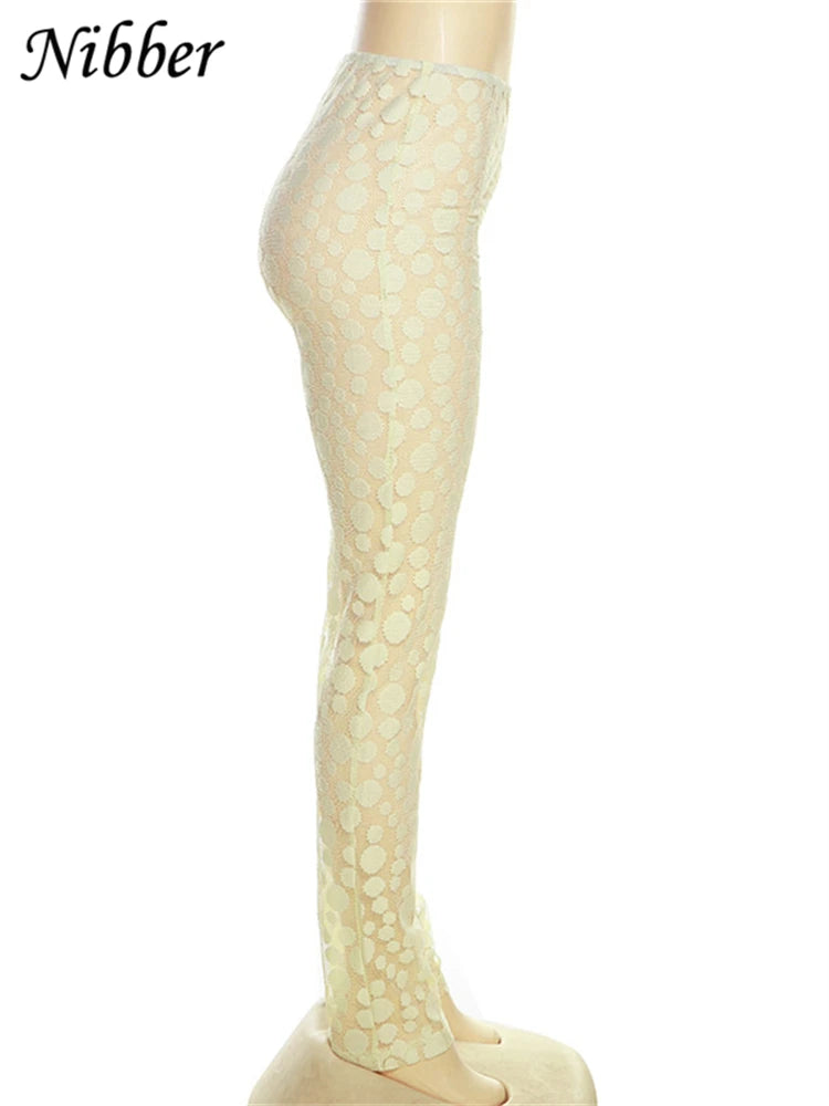 Nibber Embroidered Mesh Dots Leggings Women See Through Mid-waist Stretch Pants Skinny Ladies Trousers Elastic Streetwear Bottom