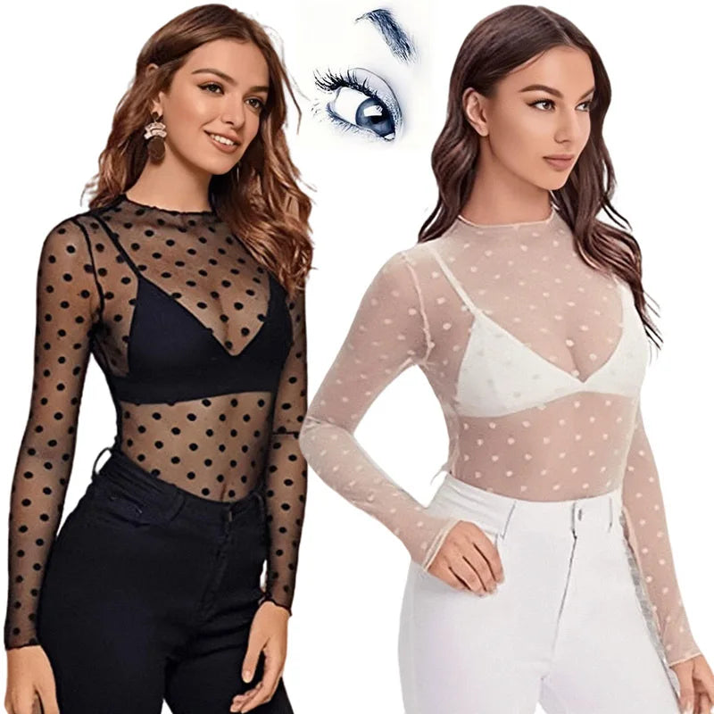 T Shirt For Women Basics Retro Sexy Polka Dot O Neck Bodycon Tops Off The Shoulder Vintage Solid Streetwear Lace Transparent