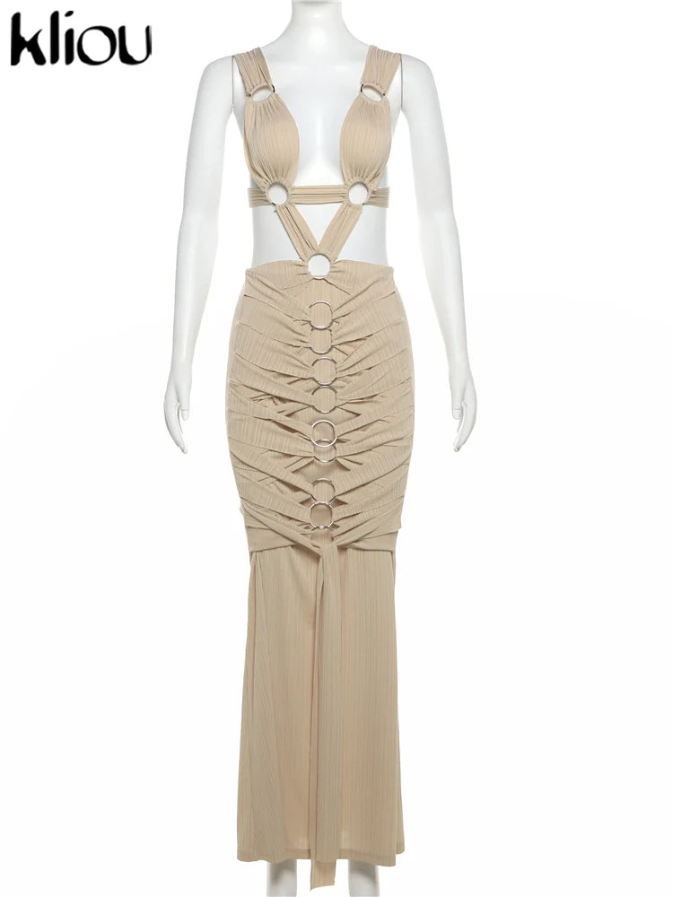 kliou Woven Shirring Women Long Dresses Solid Sexy Elegant Deep V-neck Hollow Stunning Bodycon Mujer High Street Party Vestidos