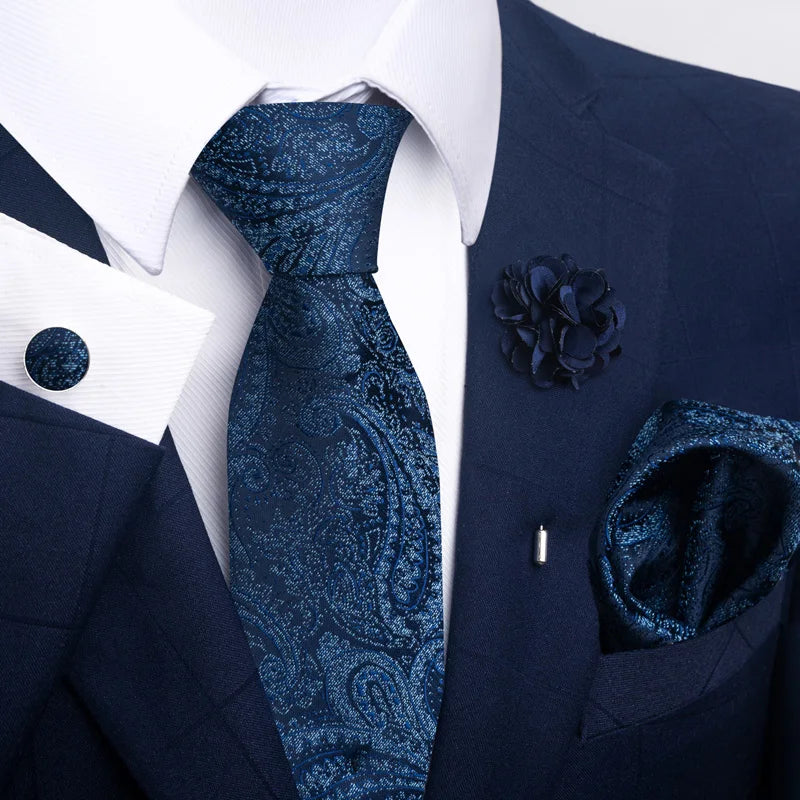 Luxury Mens Ties Floral Black Gold Ties Paisley NeckTie Pocket Square Cufflinks Brooch Set Men's Wedding Party Tie