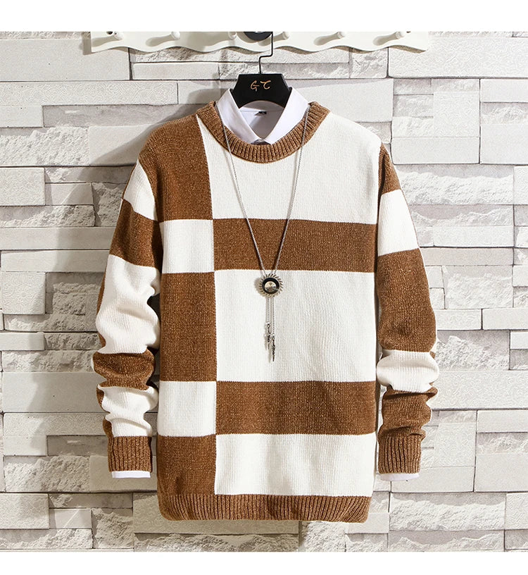 Men's Fashion Long Sleeve Round Neck Black and White Striped Chenille Sweater Autumn/winter Comfort Knit
