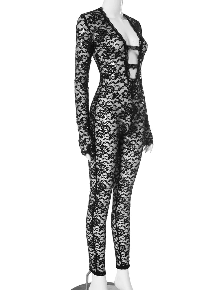 kliou Embroidered See Through Women Jumpsuits Sexy Hot Lace Deep V-neck Trim Skinny Overalls Female Stunning Nighout Clubwear