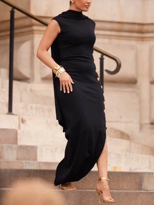 Modigirl Summer Loose Sleeveless Split-Side Shawl Collar Dress New Formal Solid Color Maxi Dresses For Urban Lady plus size