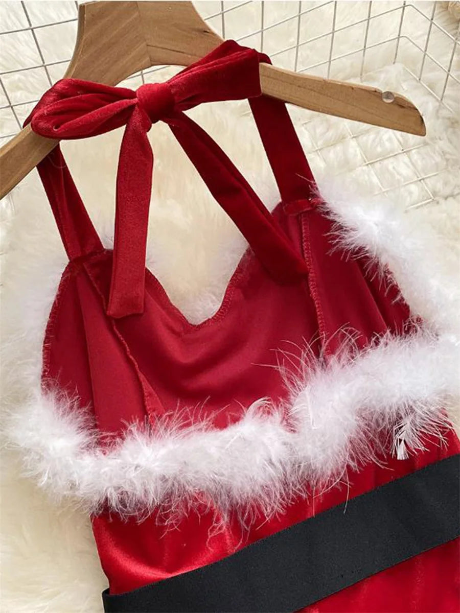 Women's Christmas Cosplay Costume Lingerie Rompers Red Plush Trim Halter Backless Christmas Party Cosplay Jumpsuits Playsuits