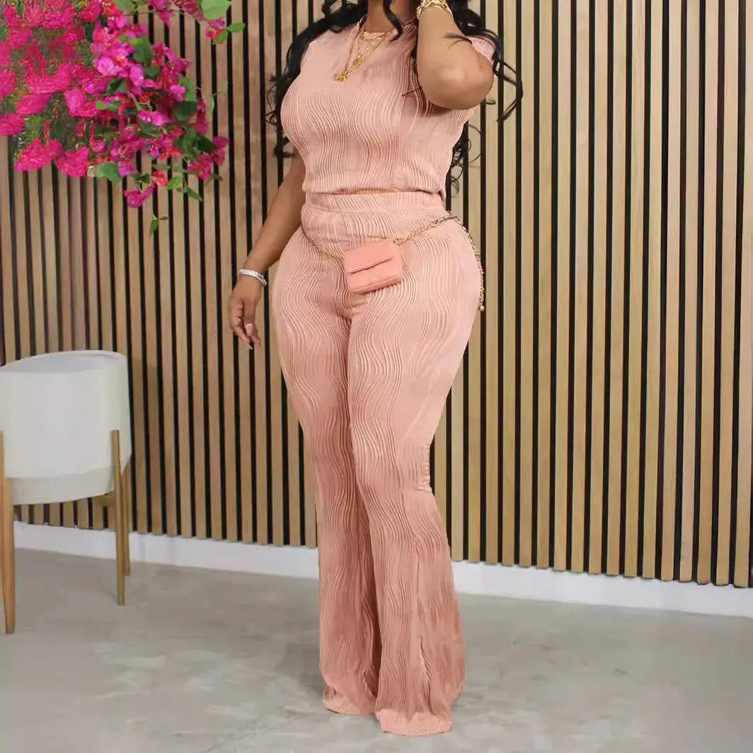 Plus Size 0XL-4XL Women's Set Solid Color Three Dimensional Wave Pattern Casual Short Sleeve Speaker Pants Set Street Trendy FashionMojos.com
