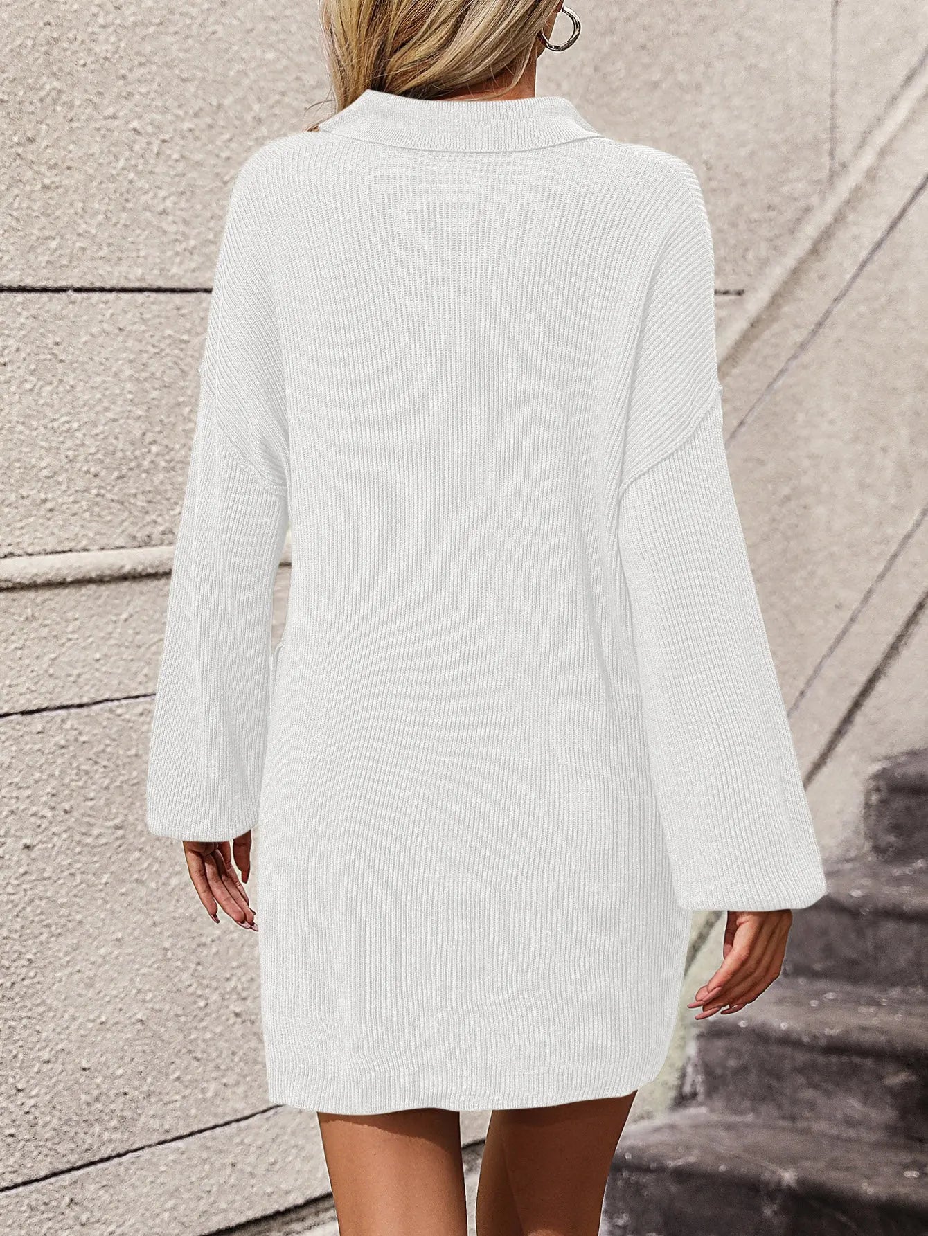 Collared Neck Long Sleeve Sweater Dress with Pockets Trendsi